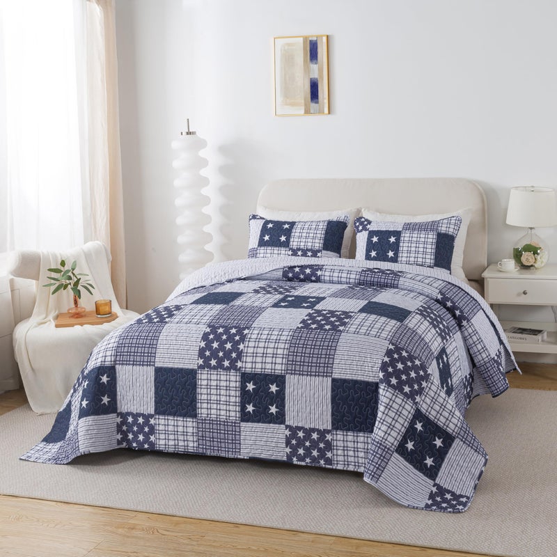 SLPR Americana Pride 3-Piece Quilt Set - Queen Size with 2 Shams, Lightweight Patriotic Bedding in Blue and White with Star and Plaid Patterns, Quilted Bedspread for Queen Bed - Image 2